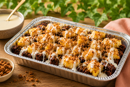 BBQ toetje met brownies, ananas, speculoos en witte chocoladesaus
