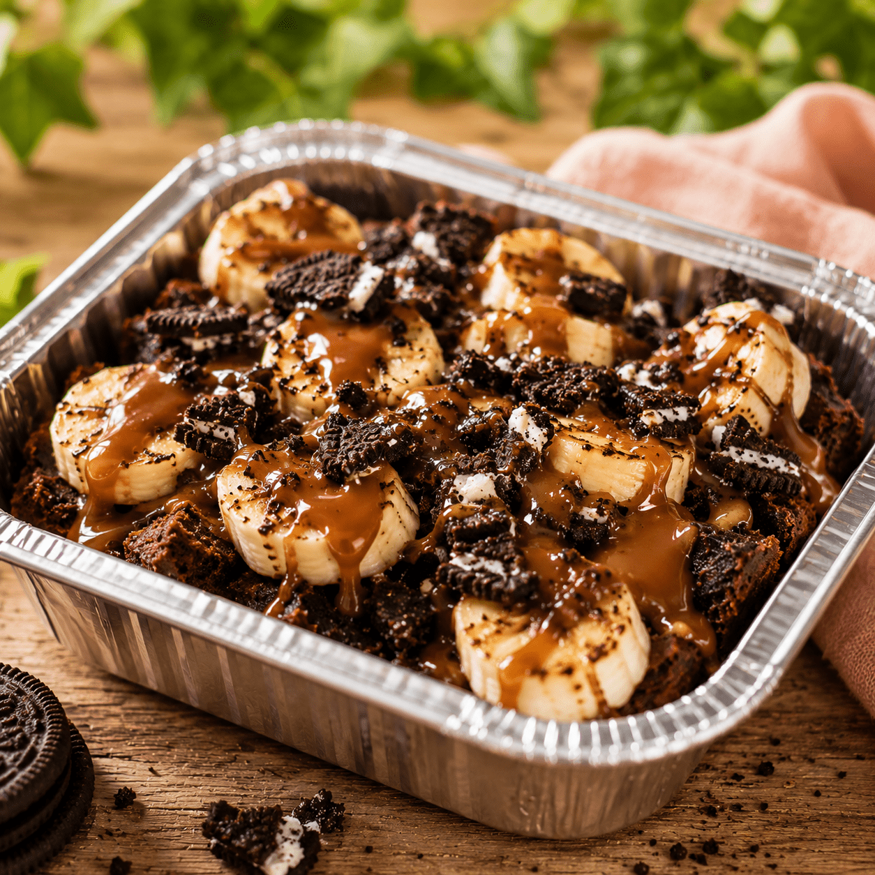 BBQ toetje met oreo, banaan en caramelsaus