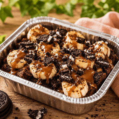 BBQ toetje met oreo, banaan en caramelsaus