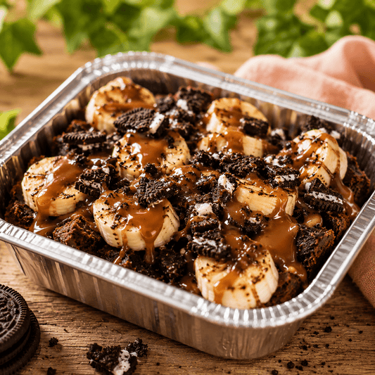 BBQ toetje met oreo, banaan en caramelsaus