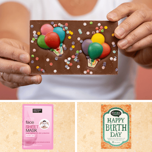 Verjaardagscadeau | Chocoladereep + thee + gezichtsmasker
