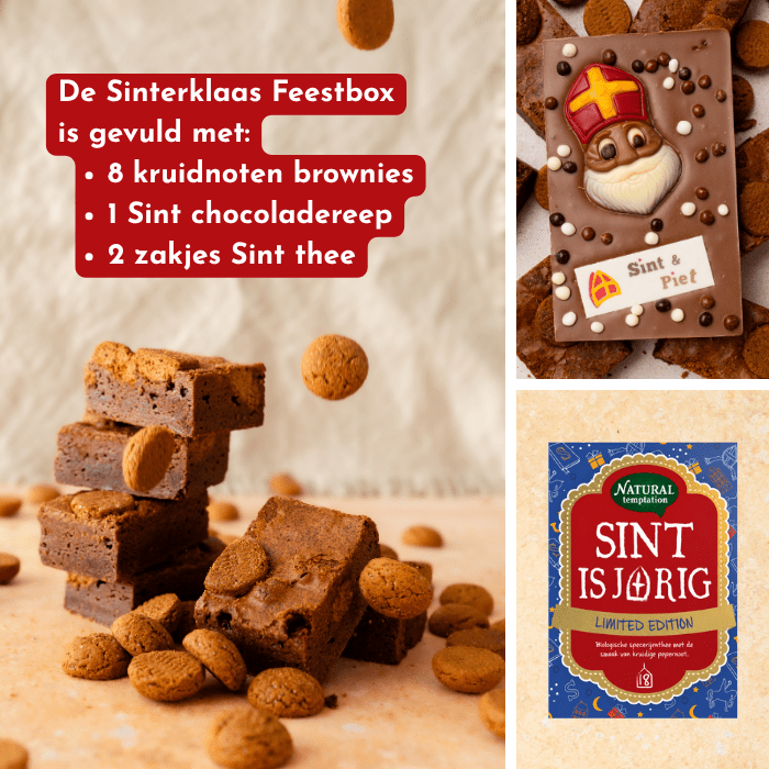 Overzicht van de inhoud van de Sinterklaas Feestbox per post. Gevuld met brownies, Sinterklaas thee en een chocoladereep.